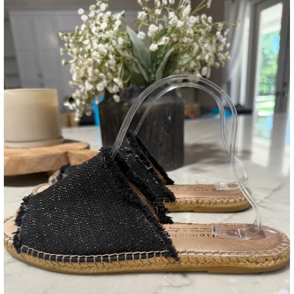 Eric Michael Handmade in Spain Black Shimmer Fringe Espadrille Slides Sz 39 8.5